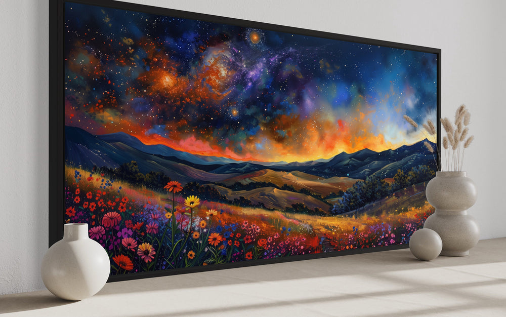 Starry Night Sky Over Wildflower Meadow Framed Canvas Wall Art side view