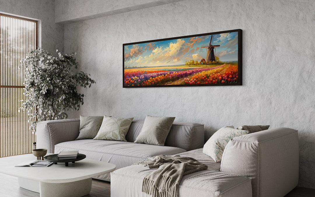 Keukenhof Gardens And Windmill Long Horizontal Netherlands Wall Decor above grey couch