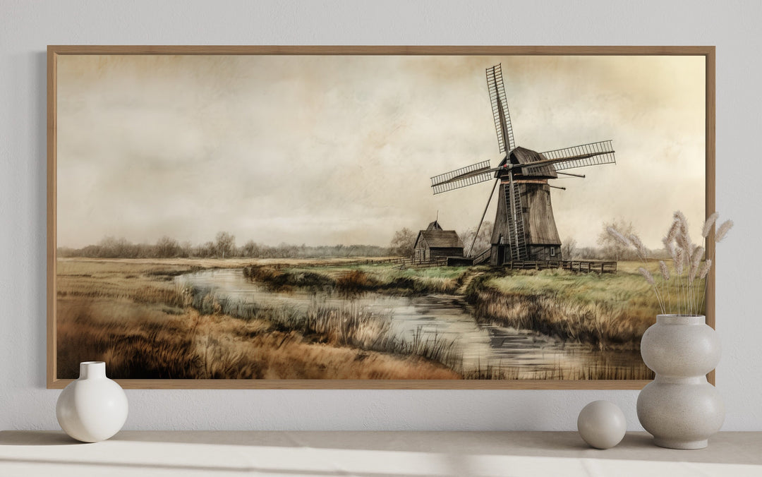 Old Windmill In The Farm Field Vintage Dutch Countryside Wall Art close up