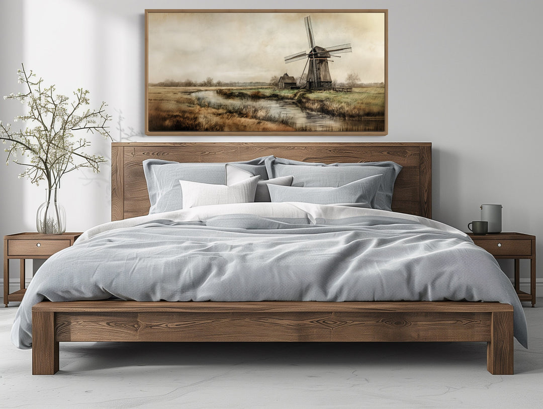 Old Windmill In The Farm Field Vintage Dutch Countryside Wall Art above rustic bed