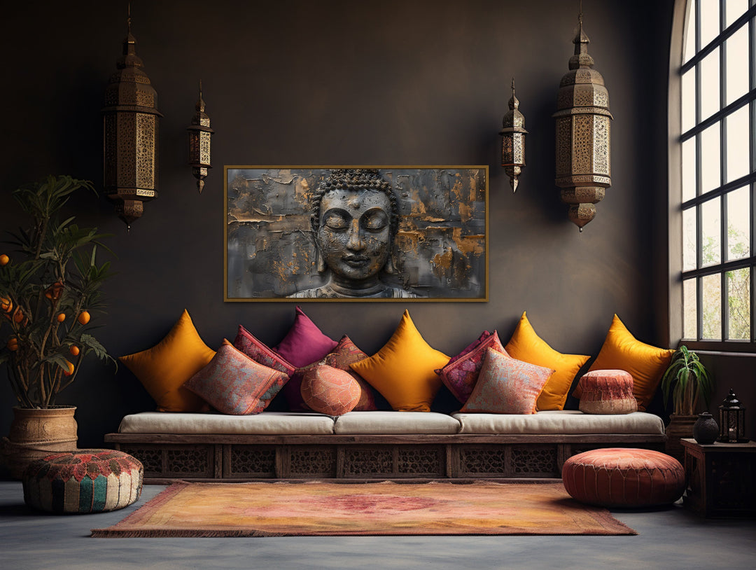 Gold Silver Buddha Modern Extra Large Framed Indian Canvas Wall Art in indian room