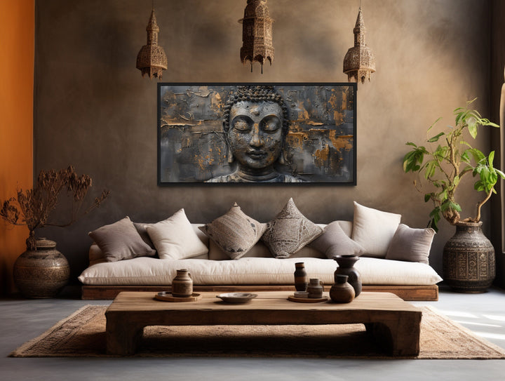 Gold Silver Buddha Modern Extra Large Framed Indian Canvas Wall Art in indian room
