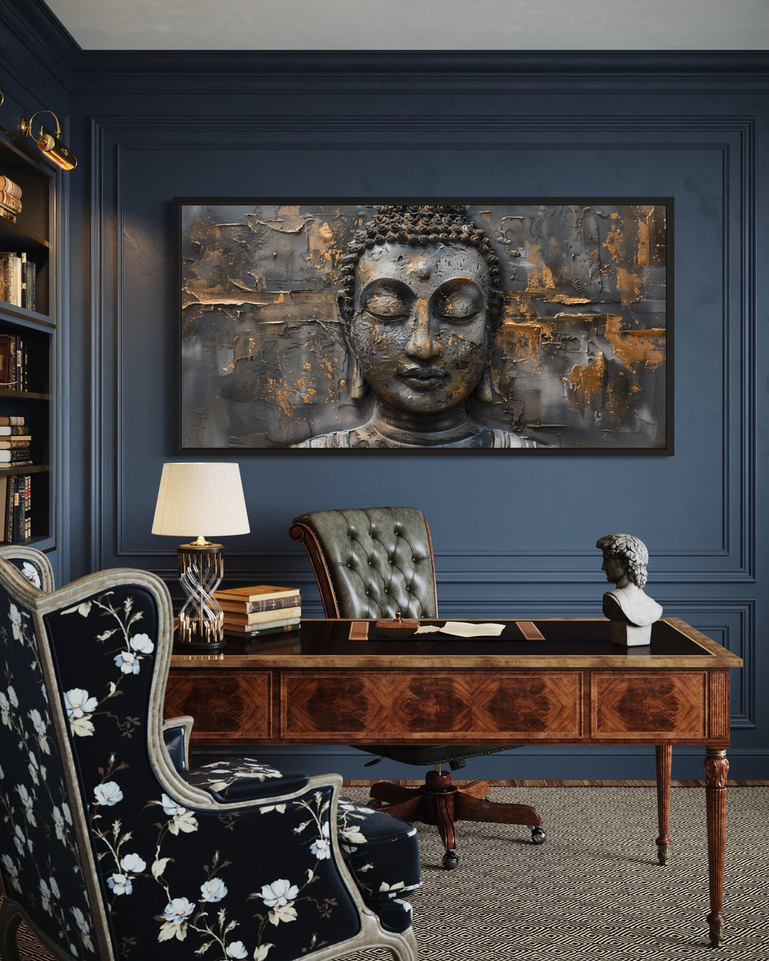 Gold Silver Buddha Extra Large Framed Indian Canvas Wall Art in home office