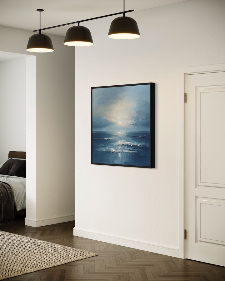Abstract Ocean Blue Grey Coastal Framed Canvas Wall Art in living room