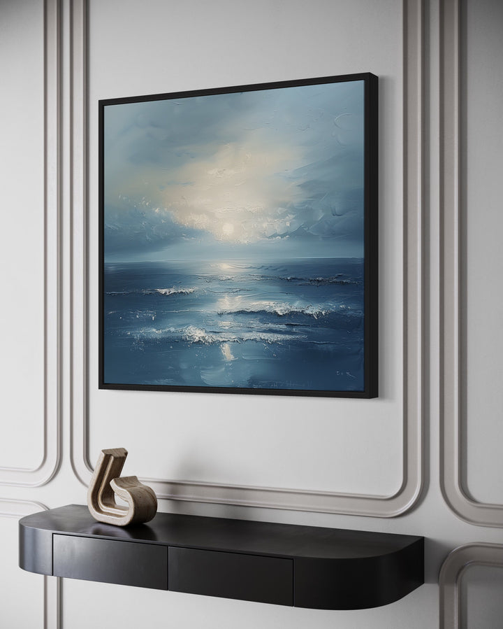 Abstract Ocean Blue Grey Coastal Framed Canvas Wall Art side view
