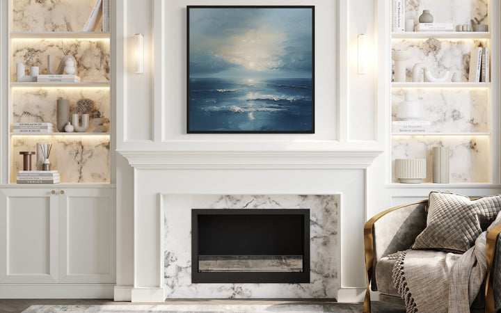 Abstract Ocean Blue Grey Coastal Framed Canvas Wall Art above fireplace