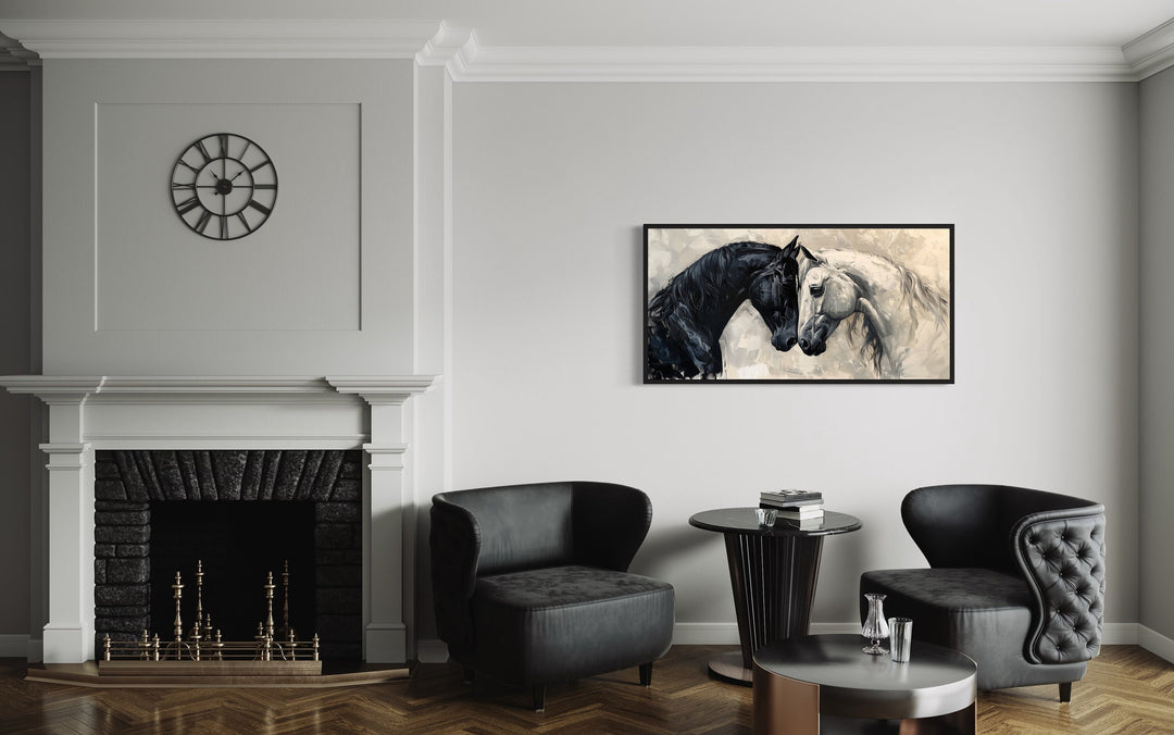 Black White Horses Hugging Framed Canvas Wall Art in office