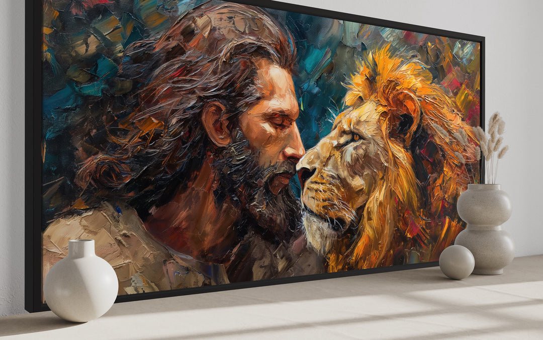 Jesus And The Lion Abstract Modern Christian Framed Canvas Wall Art side view