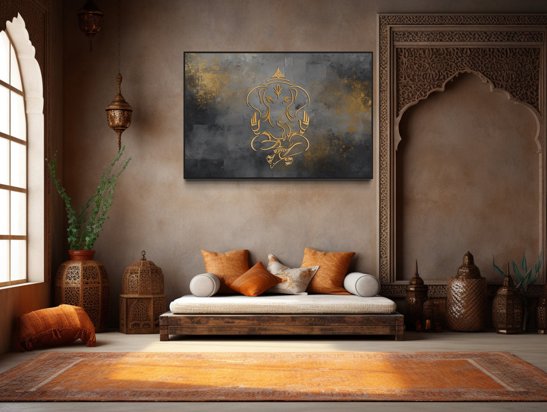 Minimalist Lord Ganesh Abstract Painting Modern Indian Framed Canvas Wall Art in indian room