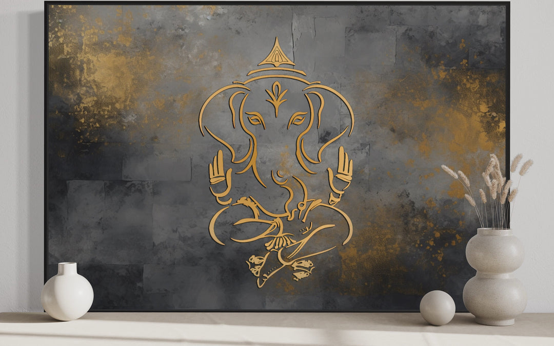 Minimalist Lord Ganesh Abstract Painting Modern Indian Framed Canvas Wall Art close up