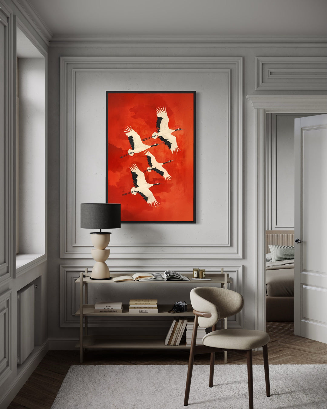 Japanese Cranes Flying Red Framed Canvas Wall Art in living room