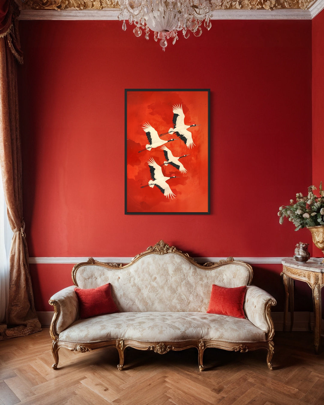 Japanese Cranes Flying Red Framed Canvas Wall Art in red room