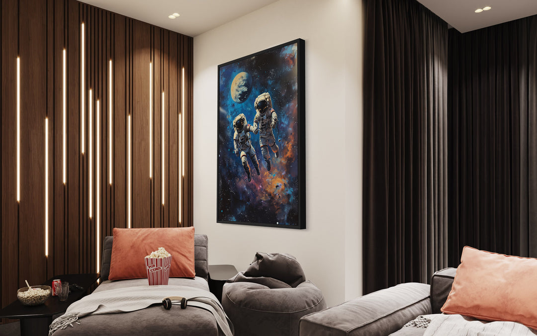 Two Astronauts Couple In Space Graffiti Romantic Framed Canvas Wall Art in living room