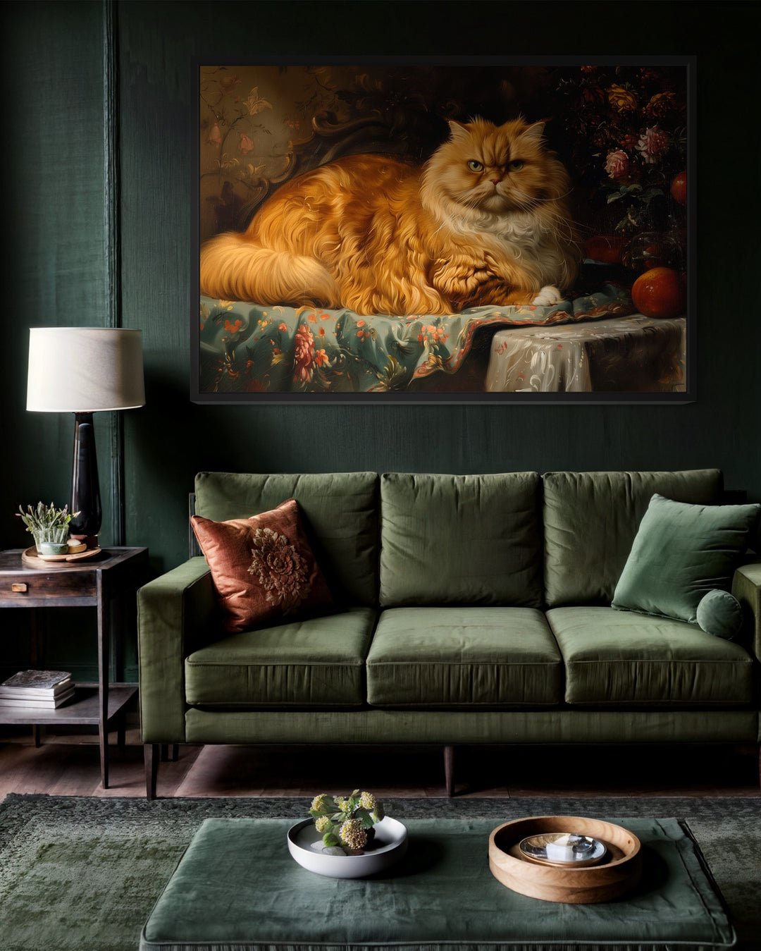 Fat Red Cat Victorian Portrait Framed Canvas Wall Art in green room