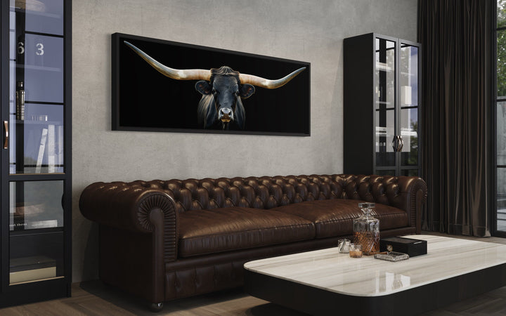 Black Texas Longhorn Steer Panoramic Above Couch Framed Canvas Wall Art
