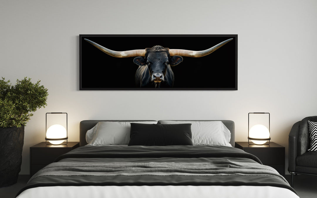 Black Texas Longhorn Steer Panoramic Above Couch Framed Canvas Wall Art above bed