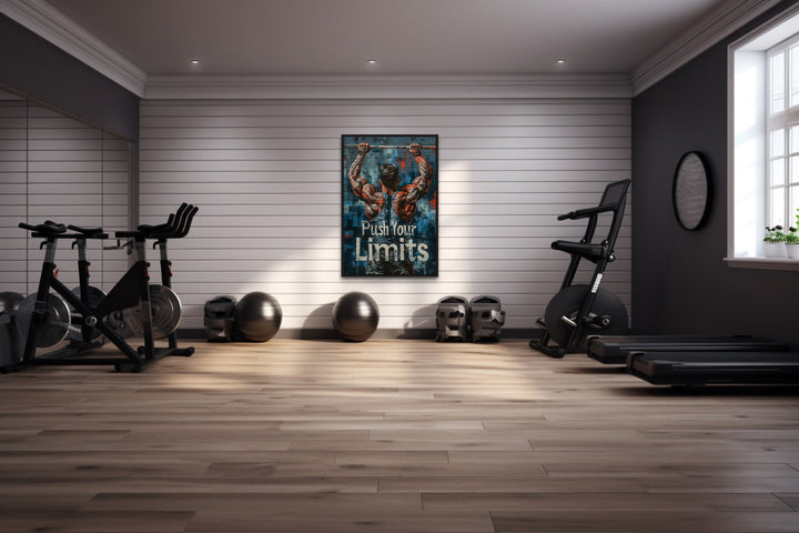Muscular Man Pushing Limits Fitness Motivation Gym Wall Art in large gym