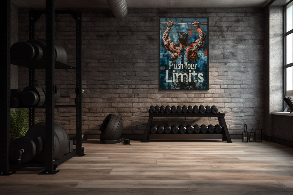 Muscular Man Pushing Limits Fitness Motivation Gym Wall Art in home gym