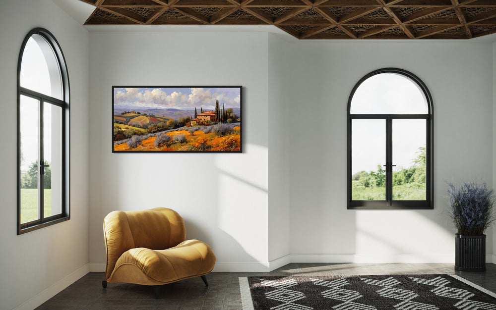 Tuscany Fields Italian Landscape Framed Canvas Wall Art in living room