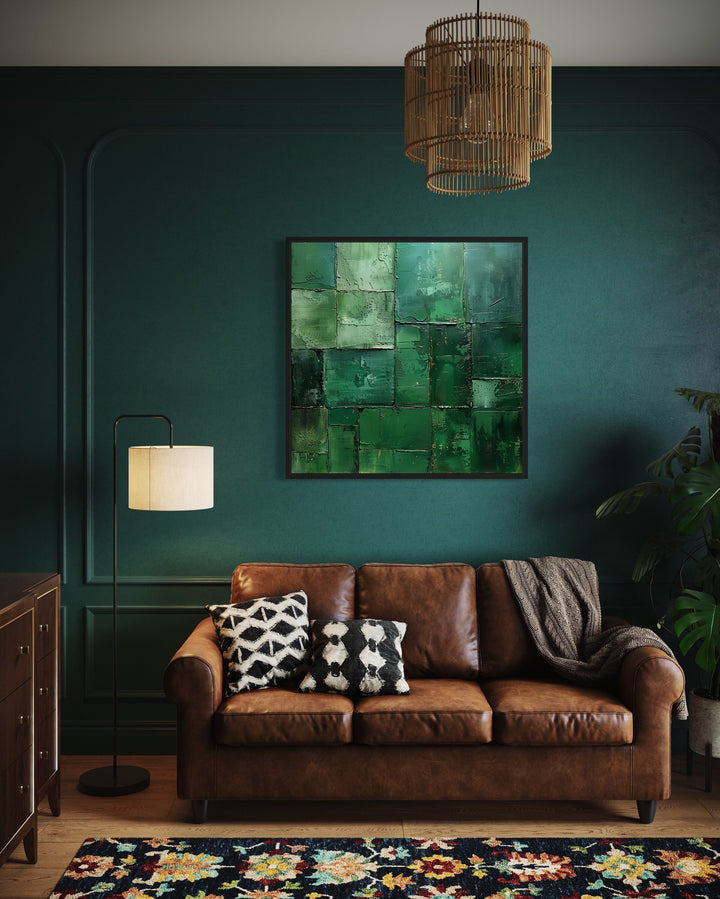 Emerald Green Abstract Geometric Square Framed Canvas Wall Art