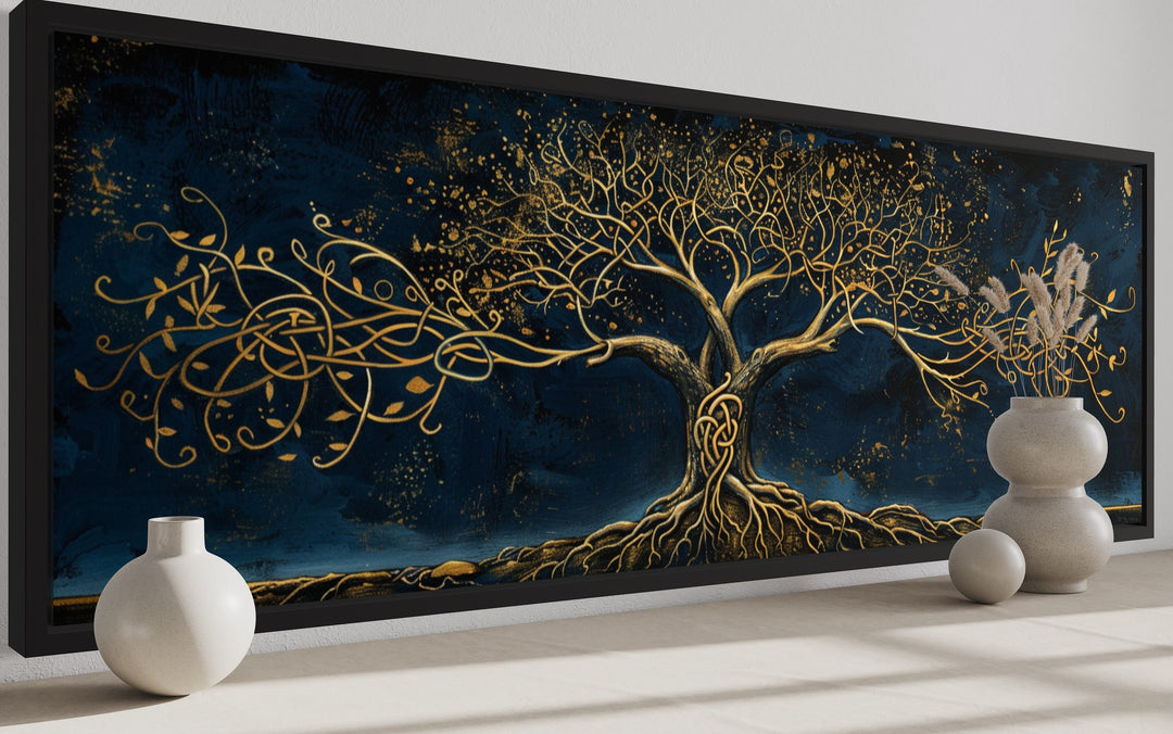 Navy Blue Gold Yggdrasil Panoramic Framed Canvas Wall Art side view