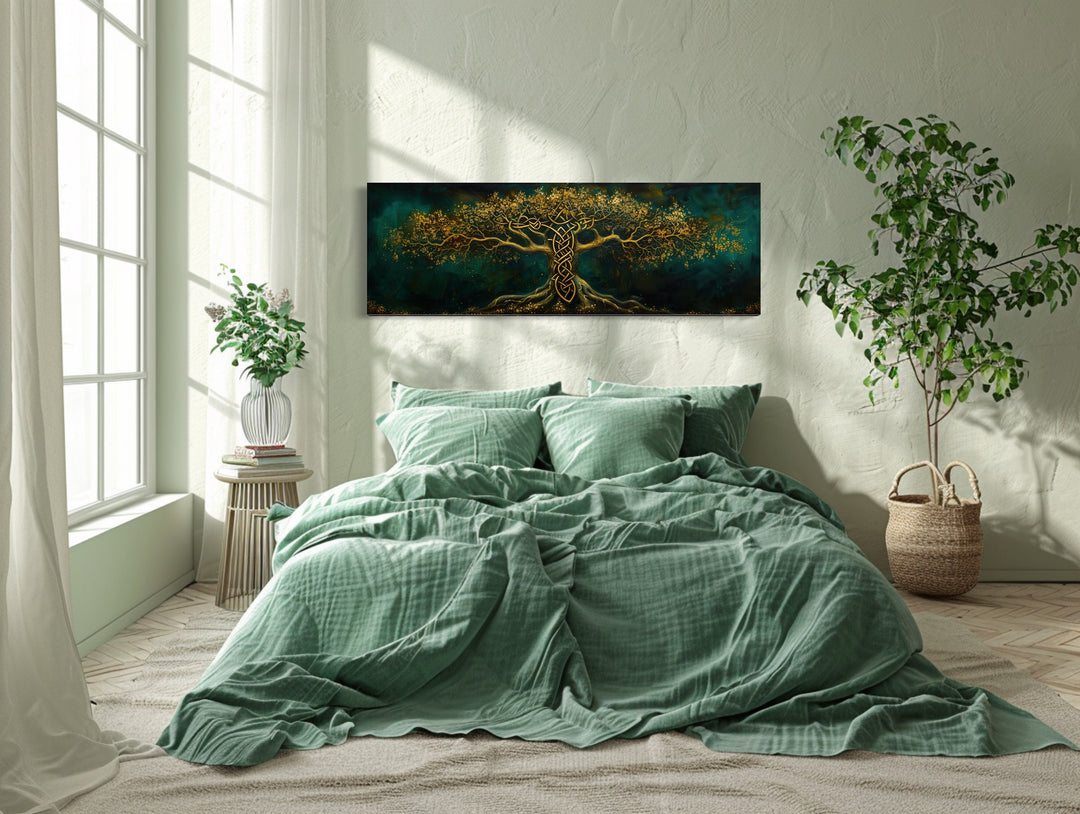 Emerald Green Gold Yggdrasil Tree Framed Canvas Wall Art above bed