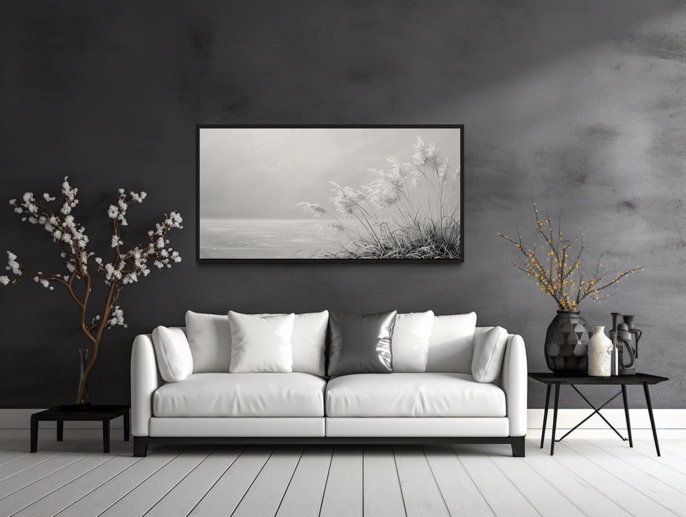 Grey Boho Beach Grass Coastal Framed Canvas Wall Art above white couch
