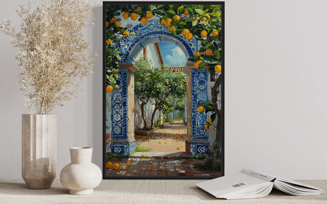 Portuguese Doorway Adorned With Blue White Azulejos And Orange Trees Wall Art