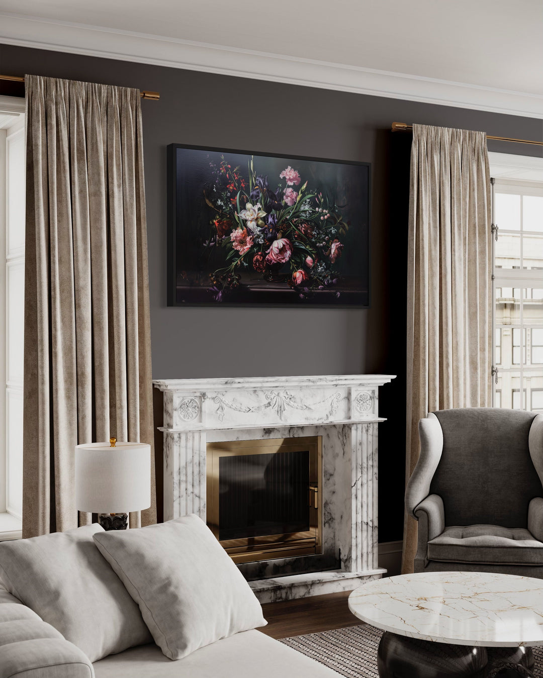 Dark Academia Moody Vintage Flowers Framed Canvas Wall Art above fireplace