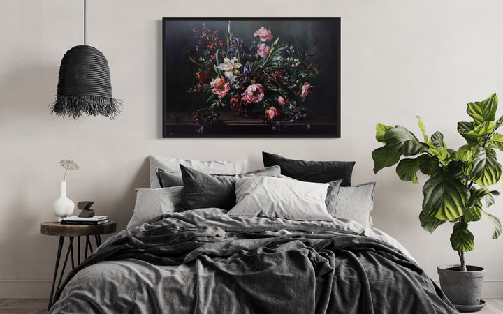 Dark Academia Moody Vintage Flowers Framed Canvas Wall Art above bed