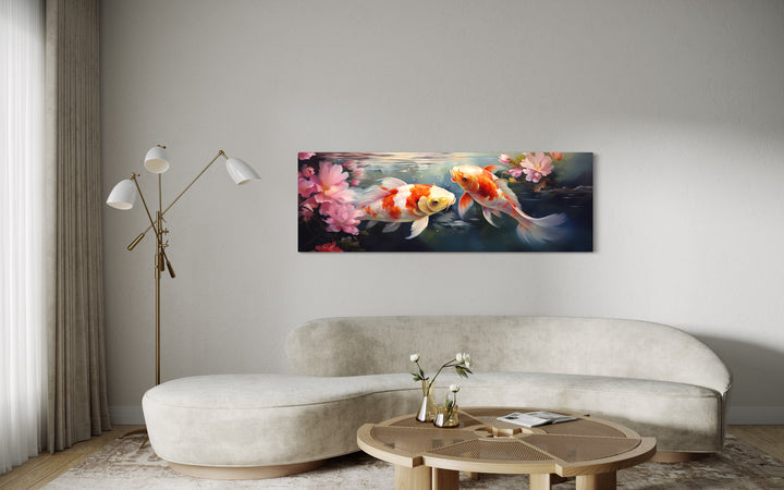 Panoramic Koi Fish Long Horizontal Framed Canvas Wall Art above couch