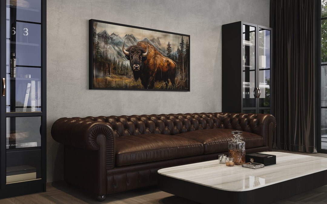 American Buffalo In Yellowstone Painting Wood Framed Canvas Art in man cave