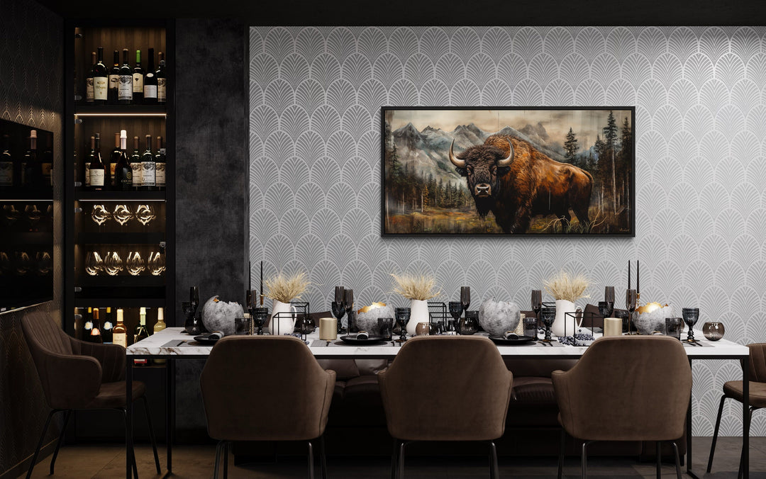 American Buffalo In Yellowstone Painting Wood Framed Canvas Art in dining room