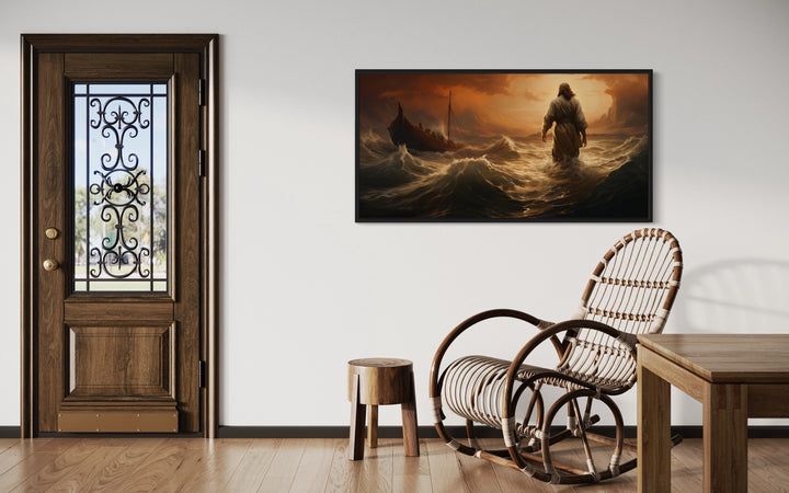 Jesus Walking On Water In Storm Modern Christian Framed Canvas Wall Art in rustic room