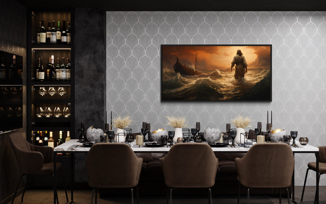 Jesus Walking On Water In Storm Modern Christian Framed Canvas Wall Art in dining room