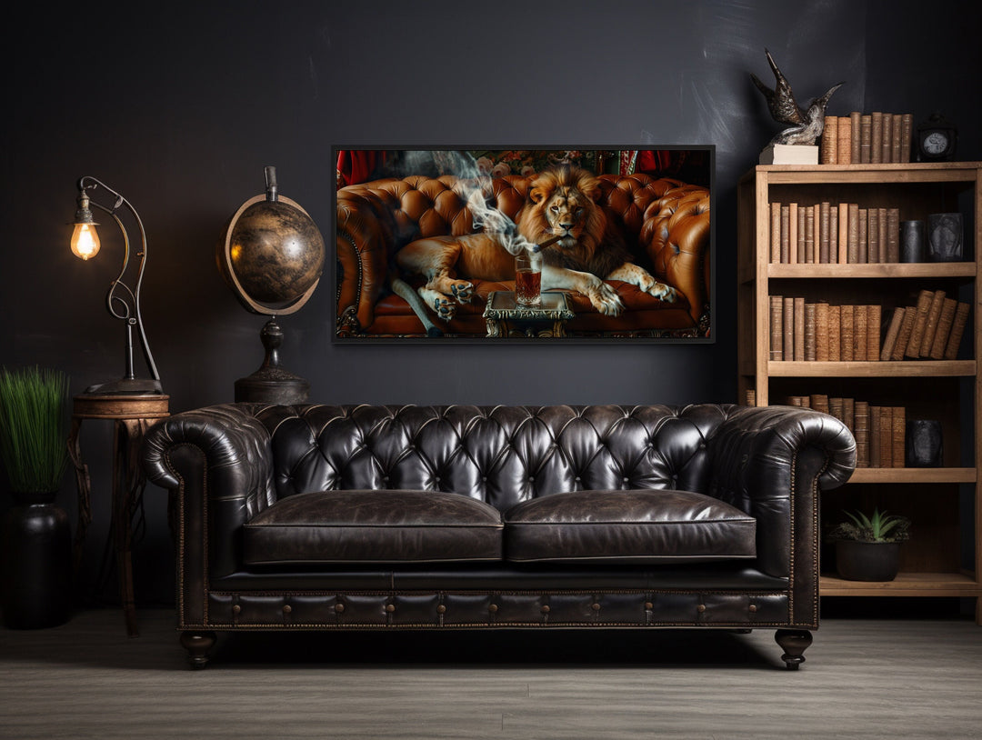 Majestic Lion On Couch Smoking Cigar Drinking Whiskey Man Cave Statement Wall Art