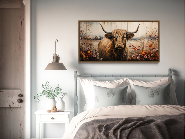 Scottish Highland Cow With Flowers Rustic Farmhouse Wall Art above bed
