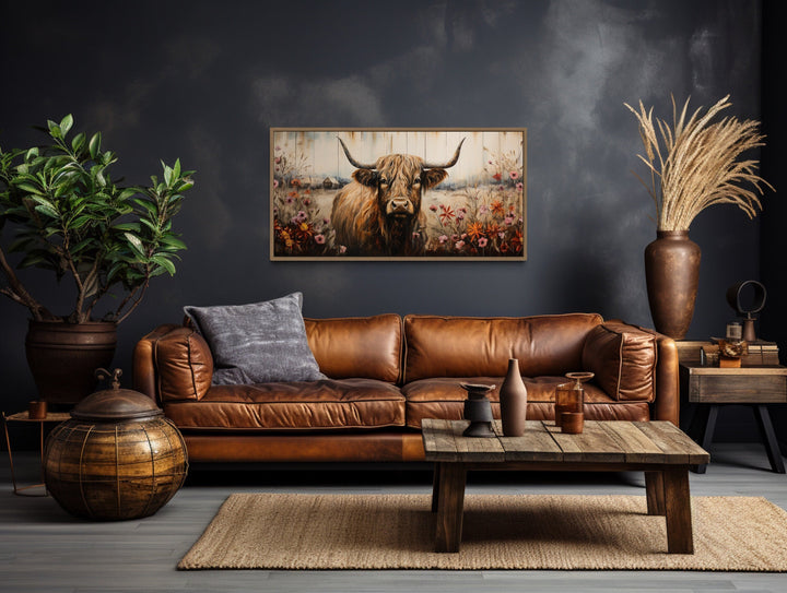 Scottish Highland Cow With Flowers Rustic Farmhouse Wall Art