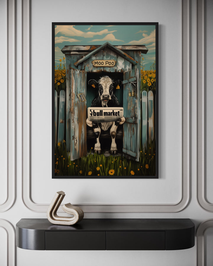 Cow In Outhouse Toilet In The Farm Reading Newspaper Framed Canvas Wall Art close up