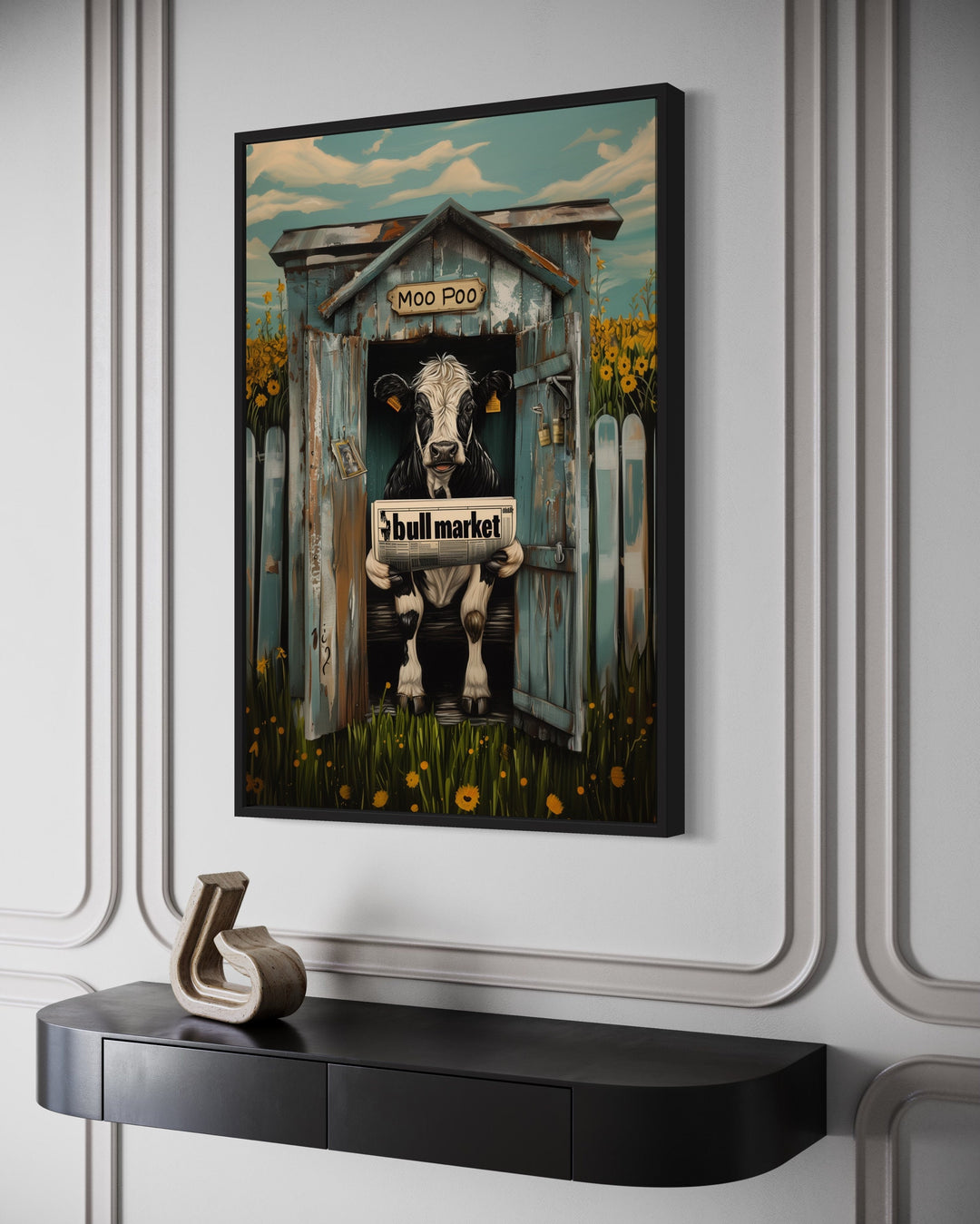 Cow In Outhouse Toilet In The Farm Reading Newspaper Framed Canvas Wall Art side view