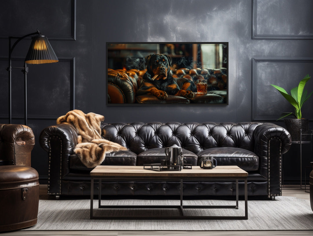Rottweiler On Couch Smoking Cigar Drinking Whiskey Wall Art in man cave