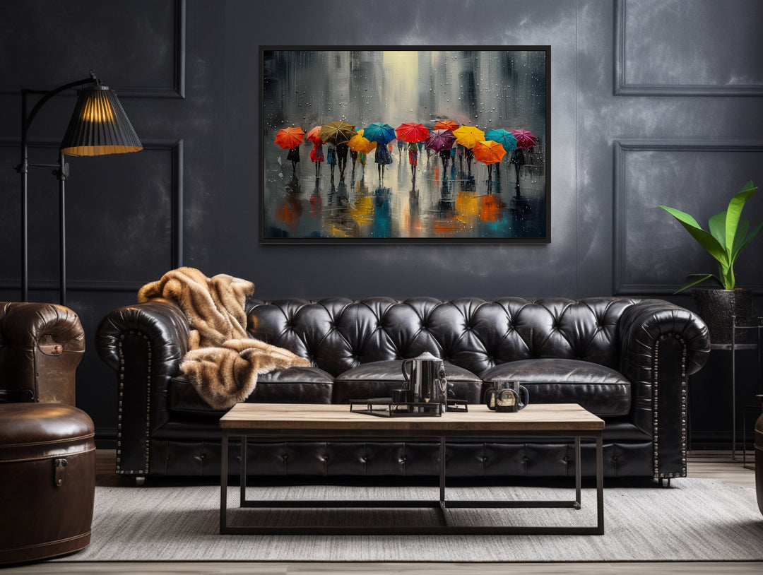 People With Colorful Umbrellas In Rainy City Framed Canvas Wall Art above black couch