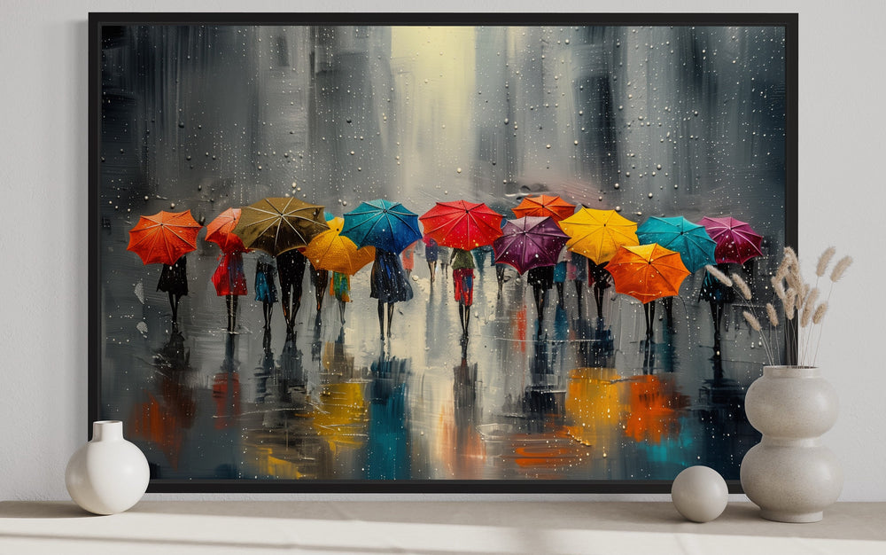People With Colorful Umbrellas In Rainy City Framed Canvas Wall Art close up