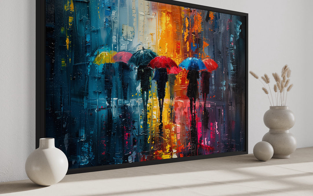 People With Colorful Umbrellas In Rainy City Wall Art side view