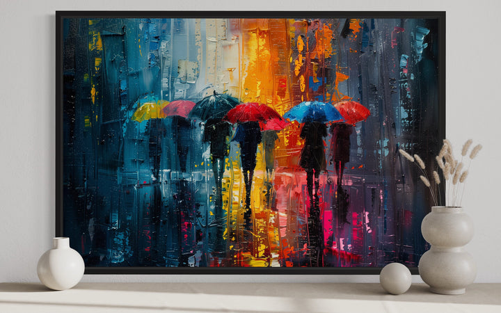 People With Colorful Umbrellas In Rainy City Wall Art close up