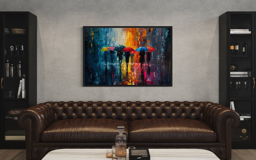 People With Colorful Umbrellas In Rainy City Wall Art