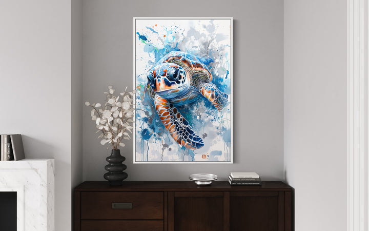 Blue Sea Turtle Beach House Framed Canvas Wall Art above table