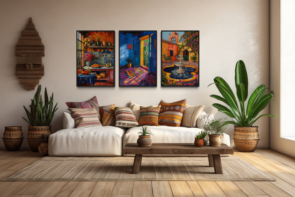 Colorful Mexican Kitchen, House And Courtyard Framed Canvas Wall Art in mexican room