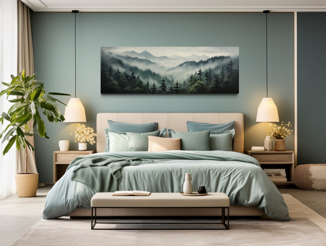 Sage Green Moody Foggy Pine Forest Mountains Landscape Above Bed Wall Art