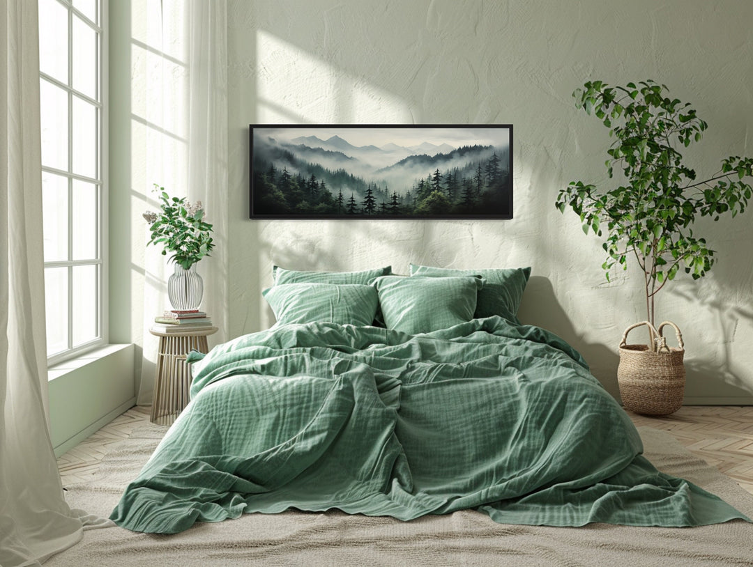Sage Green Moody Foggy Pine Forest Mountains Landscape Above Bed Wall Art above green bed